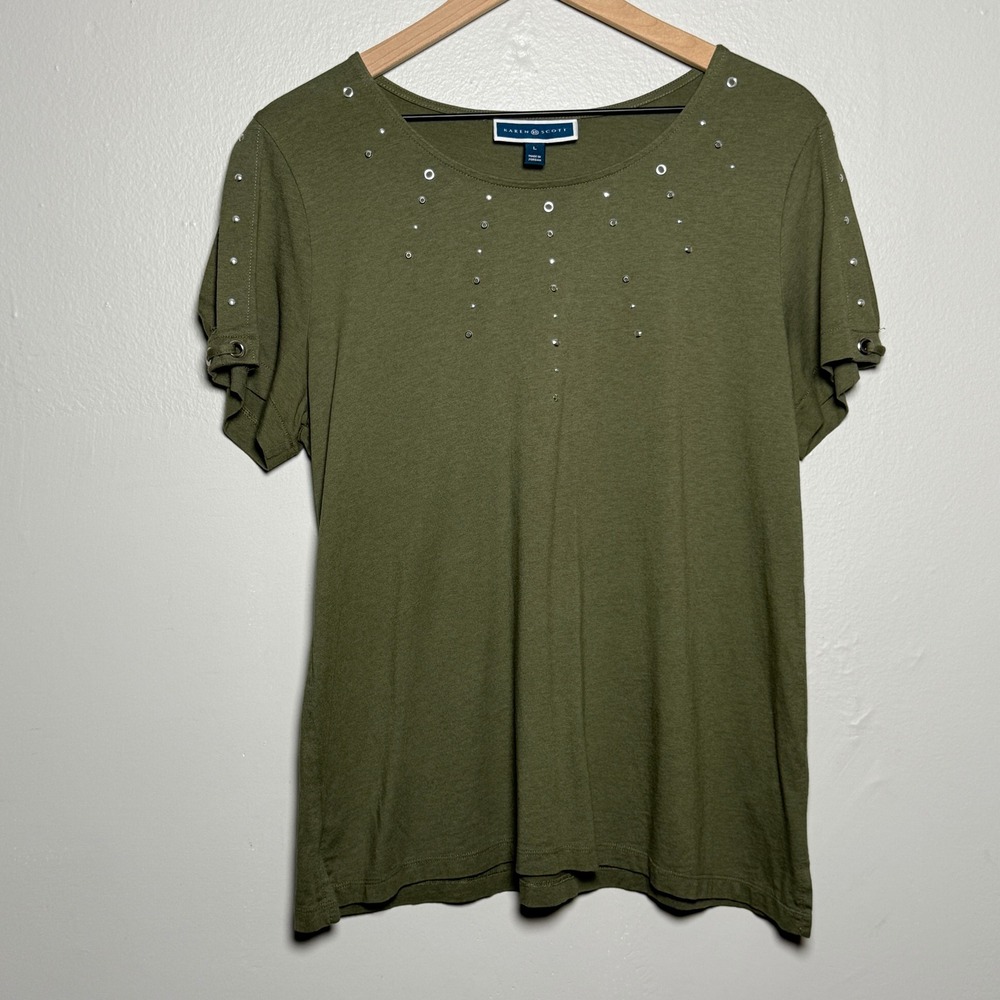 Karen Scott Womens T-Shirt Large Green‎ Silver Embellish Knit Grommet